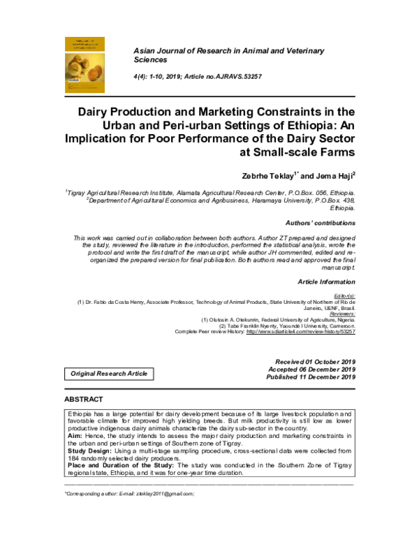 (PDF) Dairy Production and Marketing Constraints in the urban and peri ...