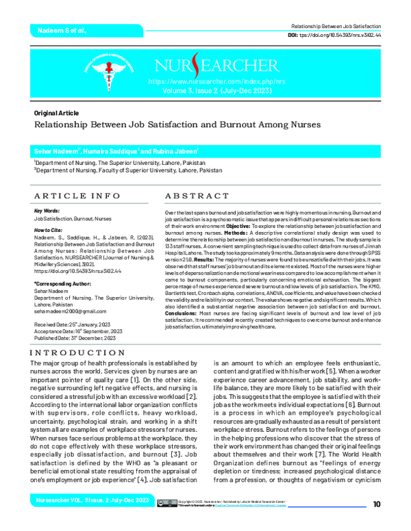 (PDF) Relationship Between Job Satisfaction and Burnout Among Nurses