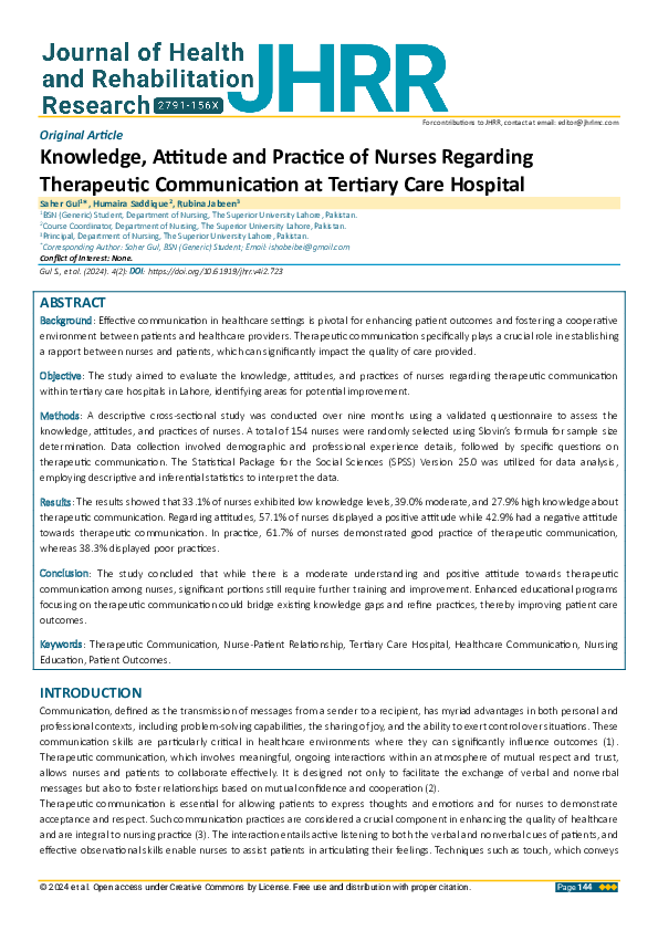 (PDF) Knowledge, Attitude and Practice of Nurses Regarding Therapeutic ...