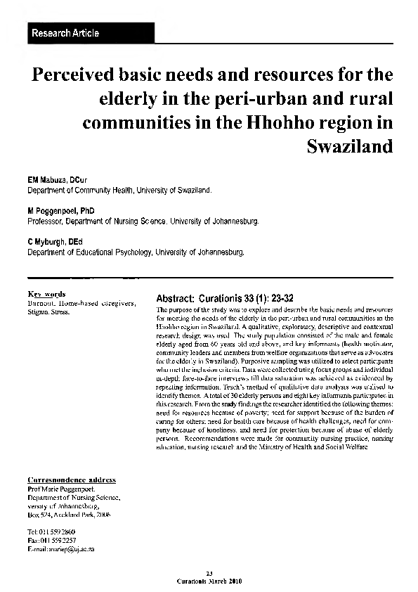 (PDF) Perceived basic needs and resources for the elderly in the peri ...