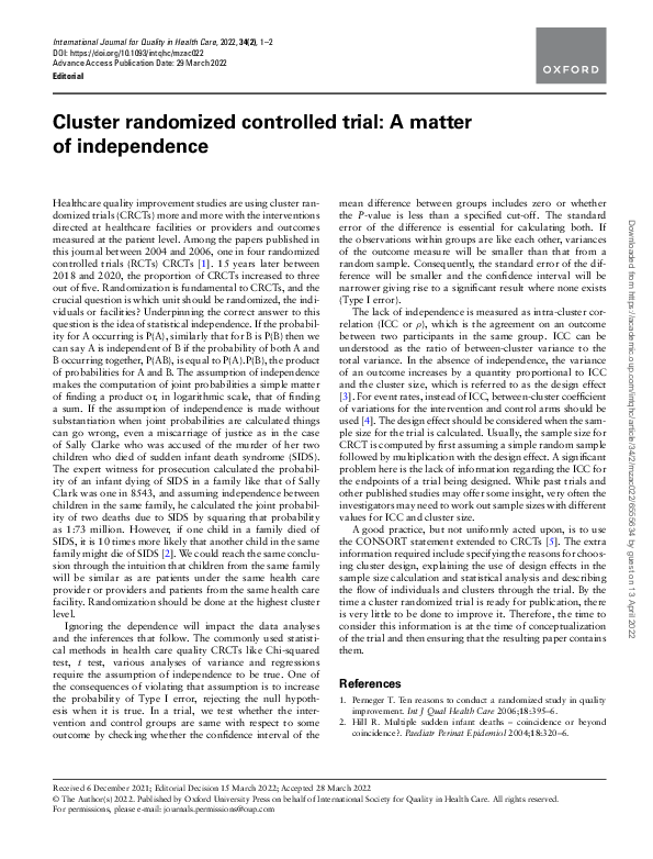 (PDF) Cluster randomized controlled trial: A matter of independence