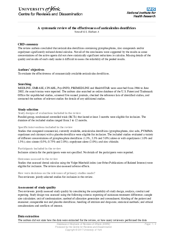 (PDF) A systematic review of the effectiveness of anticalculus dentifrices