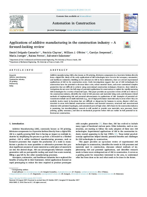 (PDF) Applications of additive manufacturing in the construction ...