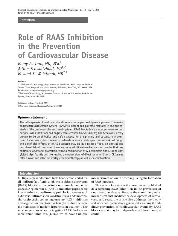 (PDF) Role of RAAS Inhibition in the Prevention of Cardiovascular Disease