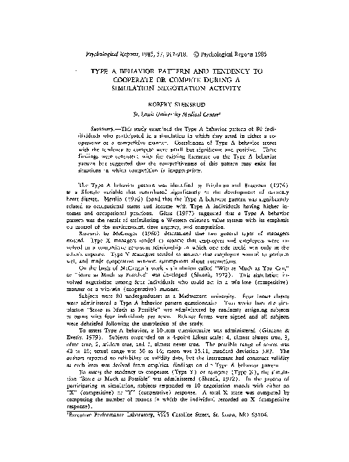 (PDF) Type a Behavior Pattern and Tendency to Cooperate or Compete ...