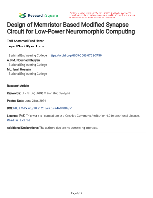 (PDF) Design of Memristor Based Modified Synapse Circuit for Low-Power ...