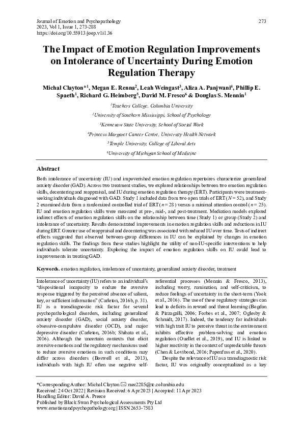 (PDF) The Impact of Emotion Regulation Improvements on Intolerance of ...