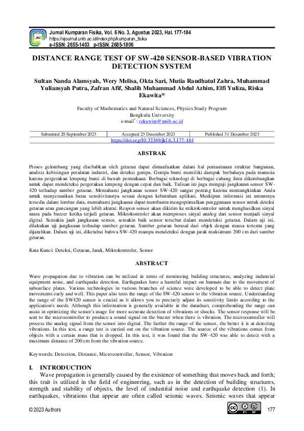 (PDF) DISTANCE RANGE TEST OF SW-420 SENSOR-BASED VIBRATION DETECTION SYSTEM
