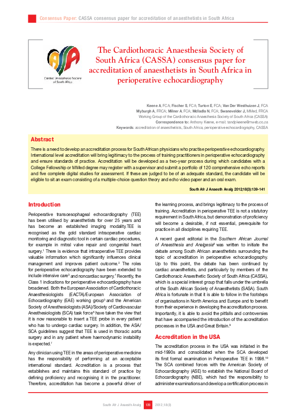(PDF) The Cardiothoracic Anaesthesia Society of South Africa (CASSA ...