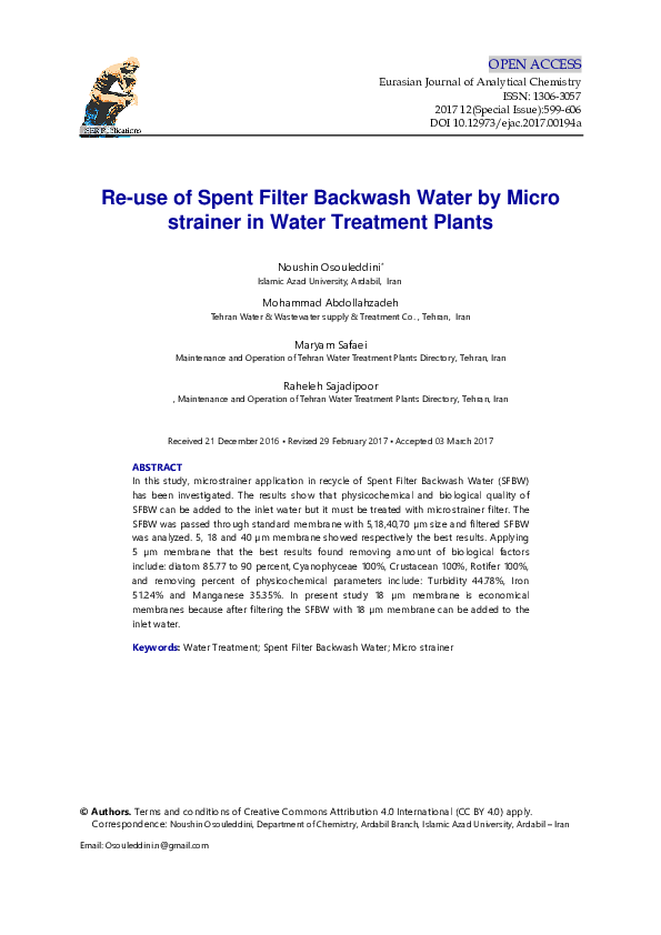 (PDF) Re-use of Spent Filter Backwash Water by Micro strainer in Water ...
