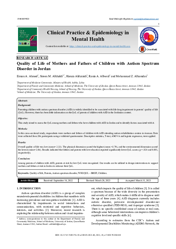 (PDF) Quality of Life of Mothers and Fathers of Children with Autism ...