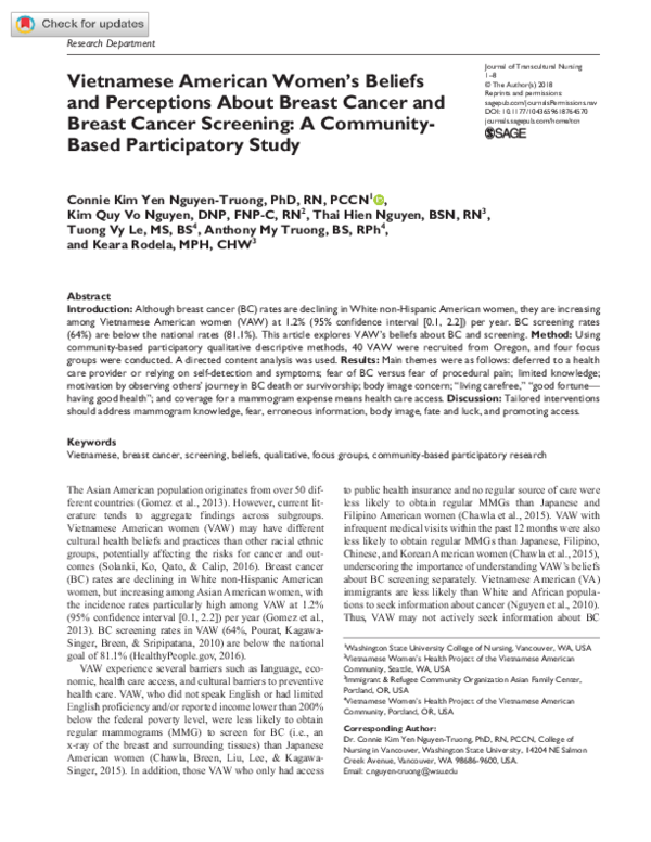 (PDF) Vietnamese American Women's Beliefs and Perceptions About Breast ...
