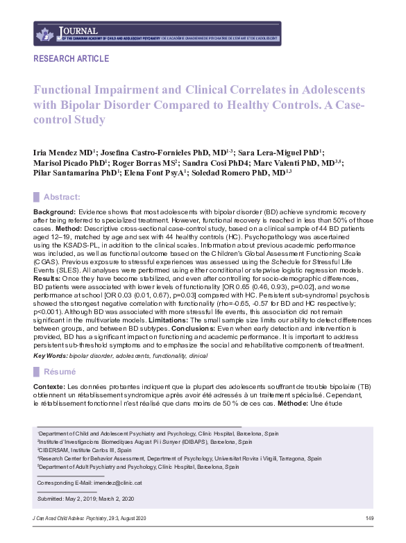 (PDF) Functional Impairment and Clinical Correlates in Adolescents with ...