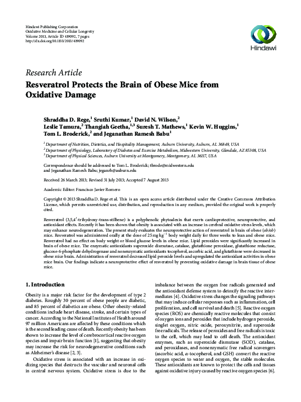 (PDF) Resveratrol Protects the Brain of Obese Mice from Oxidative Damage