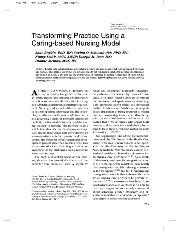 (PDF) Transforming Practice Using a Caring-based Nursing Model
