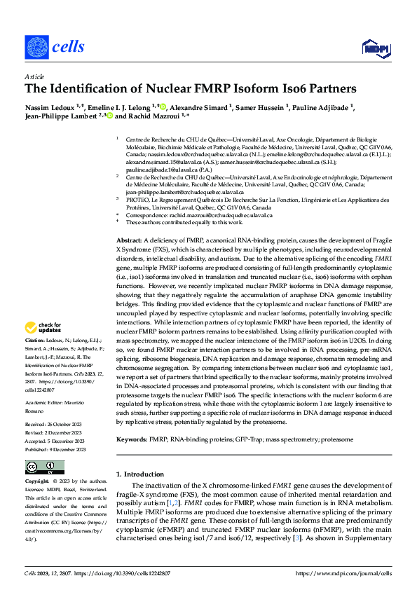(PDF) The Identification of Nuclear FMRP Isoform Iso6 Partners