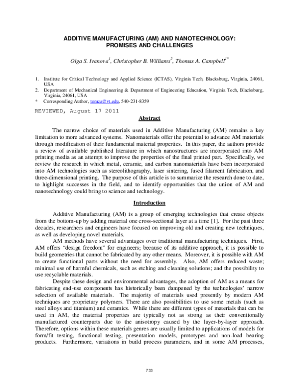(PDF) Additive manufacturing (AM) and nanotechnology: promises and ...