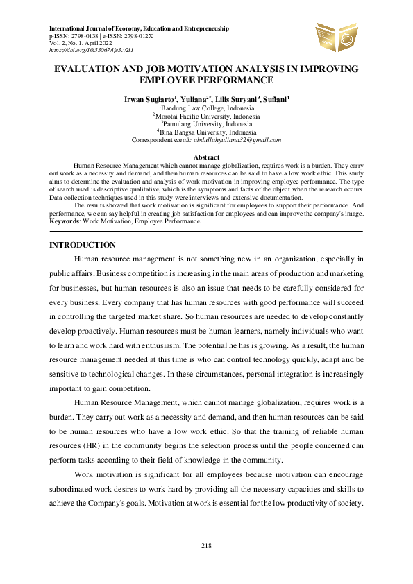 (PDF) Evaluation and Job Motivation Analysis in Improving Employee ...