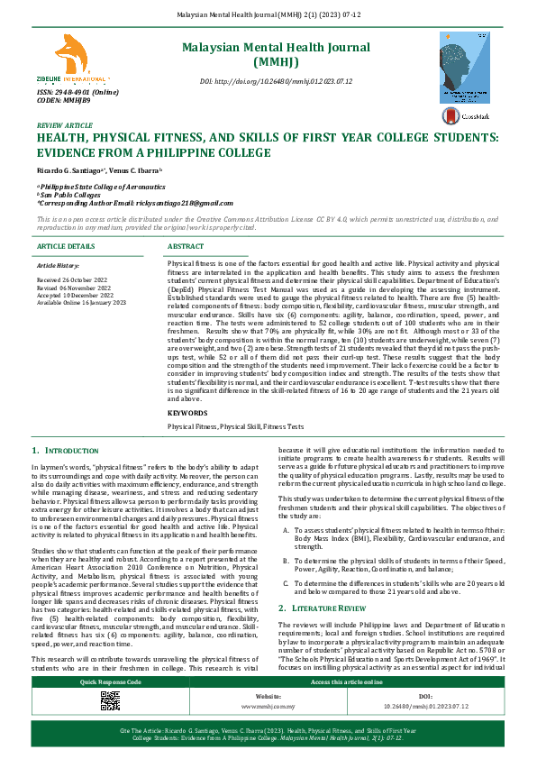 (PDF) Health, Physical Fitness, and Skills of First Year College ...