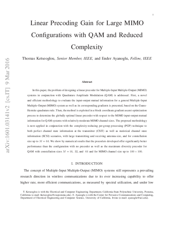 (PDF) Linear Precoding for MIMO Channels with QAM Constellations and ...