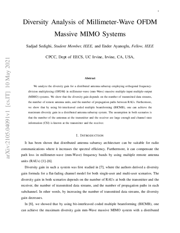 (PDF) Diversity Analysis of Millimeter-Wave OFDM Massive MIMO Systems