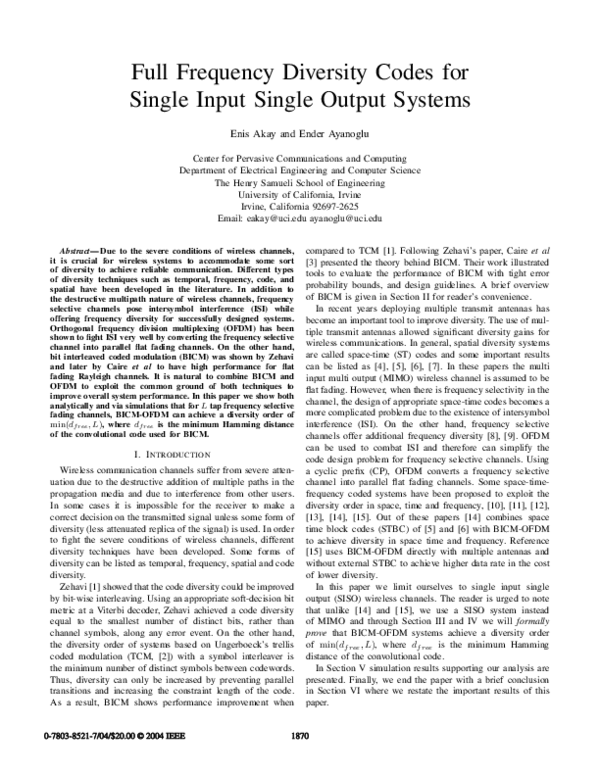 (PDF) Full frequency diversity codes for single input single output systems