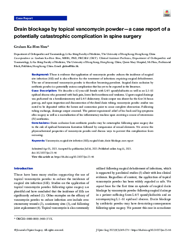 (PDF) Drain blockage by topical vancomycin powder—a case report of a ...