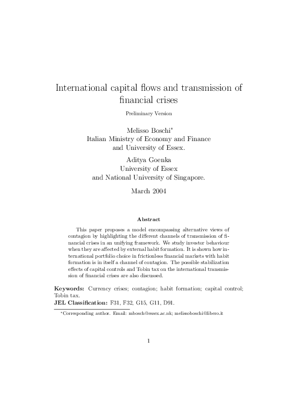(PDF) International capital flows and transmission of financial crises