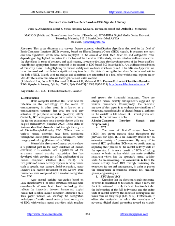 (PDF) Feature Extracted Classifiers Based on EEG Signals: A Survey