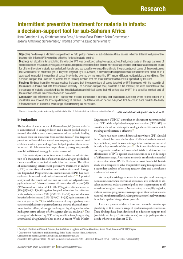 (PDF) Intermittent preventive treatment for malaria in infants: a ...
