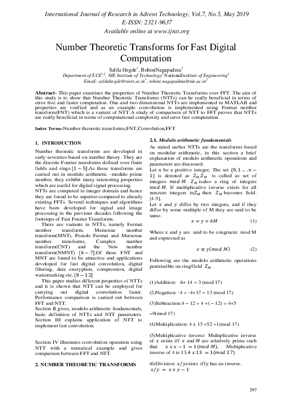 (PDF) Number Theoretic Transforms for Fast Digital Computation