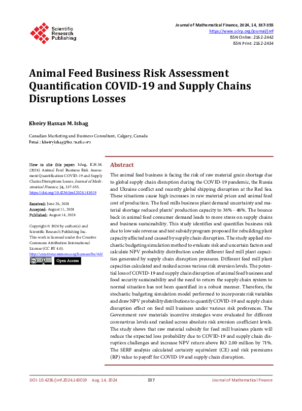 (PDF) Animal Feed Business Risk Assessment Quantification COVID-19 and ...