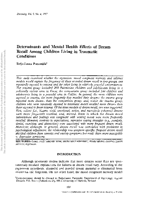 (PDF) Determinants and mental health effects of dream recall among ...
