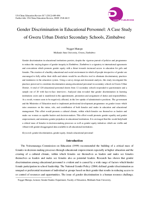 (PDF) Gender Discrimination in Educational Personnel: A Case Study of ...