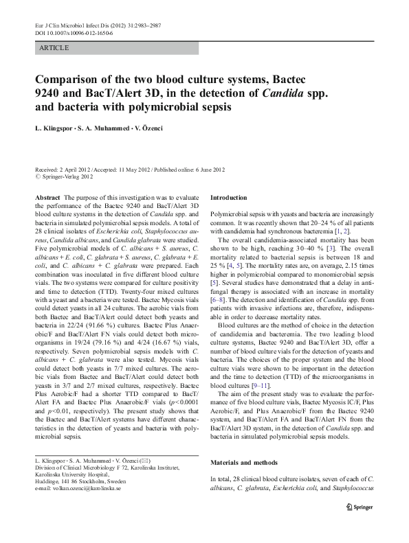 (PDF) Comparison of the two blood culture systems, Bactec 9240 and BacT ...