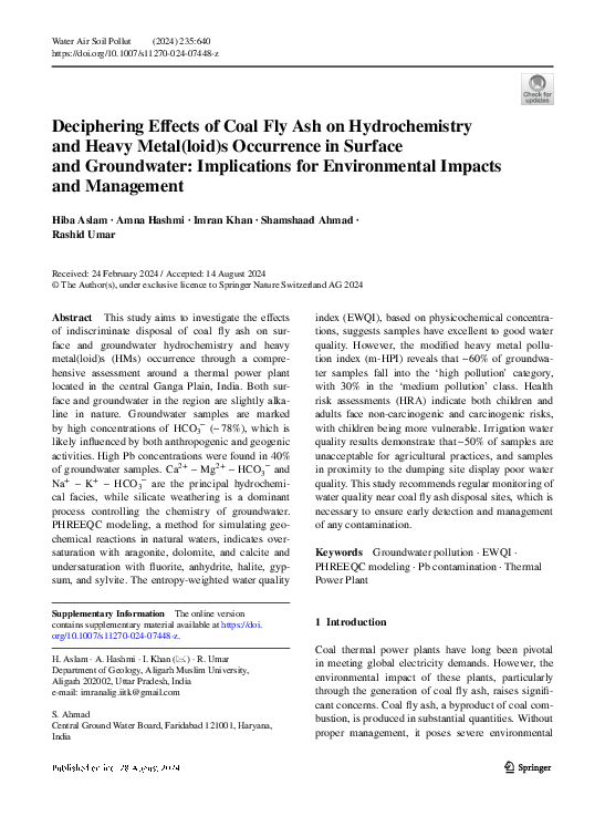 (PDF) Deciphering Effects of Coal Fly Ash on Hydrochemistry and Heavy ...
