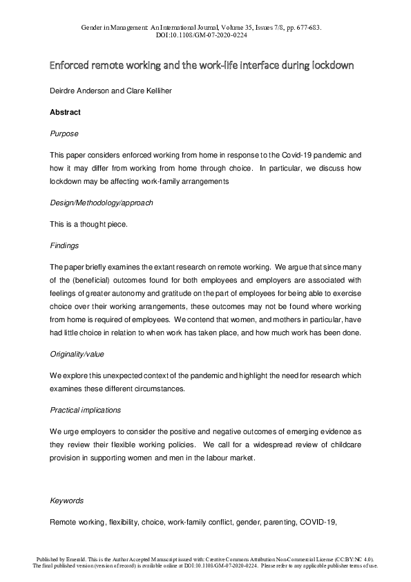 (PDF) Enforced remote working and the work-life interface during lockdown