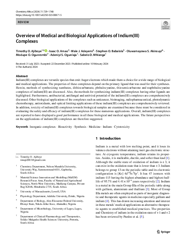 (PDF) Overview of Medical and Biological Applications of Indium(III ...