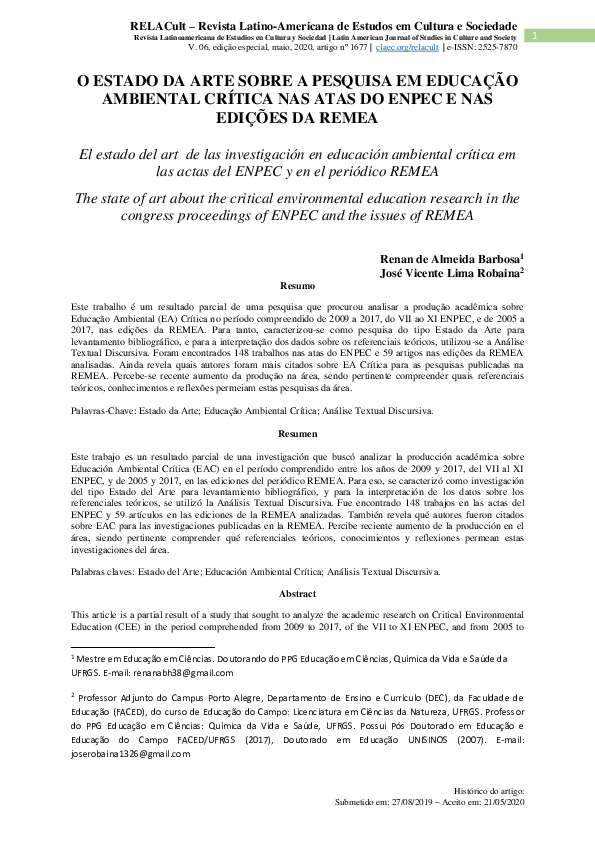 (PDF) O Estado da arte sobre a pesquisa em educação ambiental crítica ...