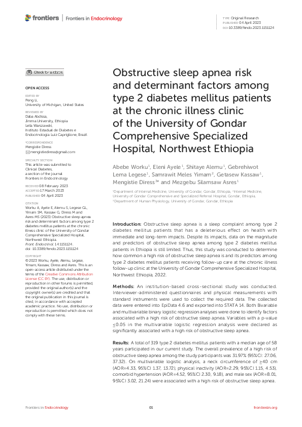 (PDF) Obstructive sleep apnea risk and determinant factors among type 2 ...