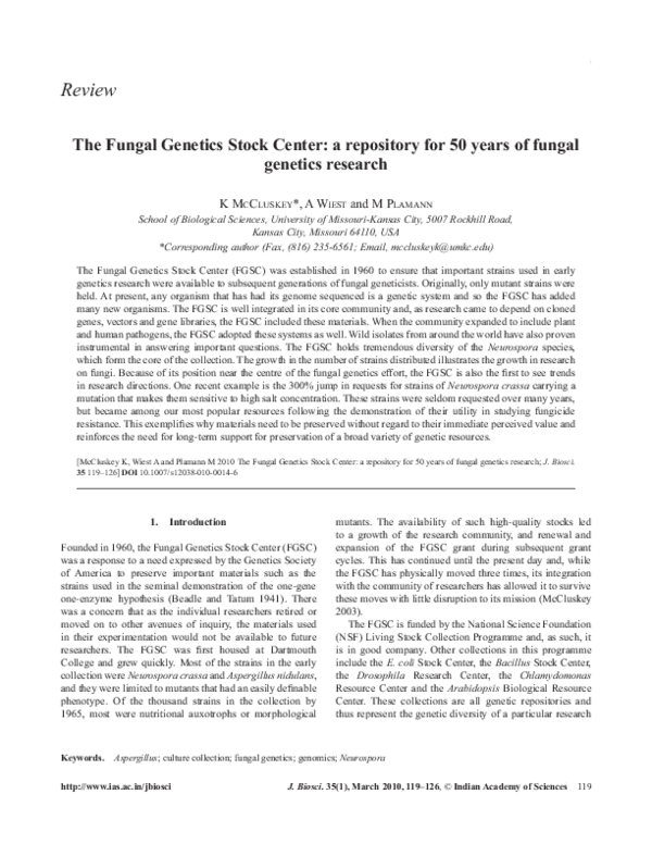 (PDF) The Fungal Genetics Stock Center: a repository for 50 years of ...