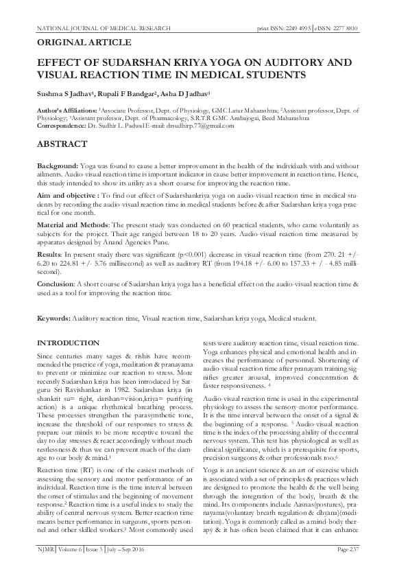 (PDF) EFFECT OF SUDARSHAN KRIYA YOGA ON AUDITORY AND VISUAL REACTION ...