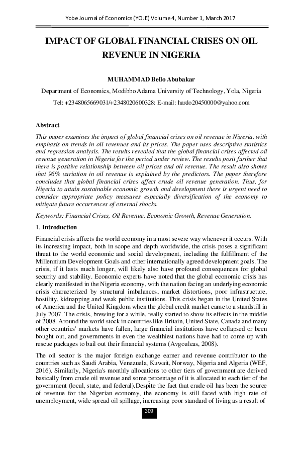 (PDF) IMPACT OF GLOBAL FINANCIAL CRISES ON OIL REVENUE IN NIGERIA
