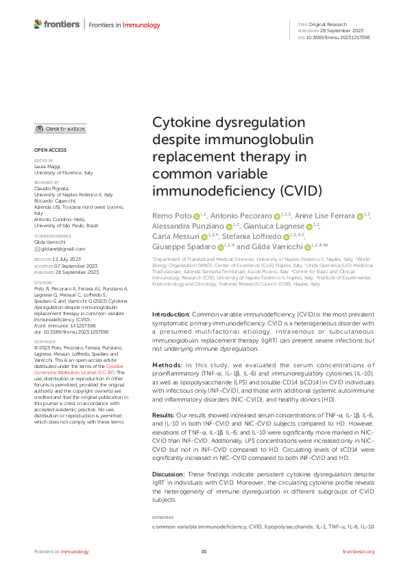 (PDF) Cytokine dysregulation despite immunoglobulin replacement therapy ...