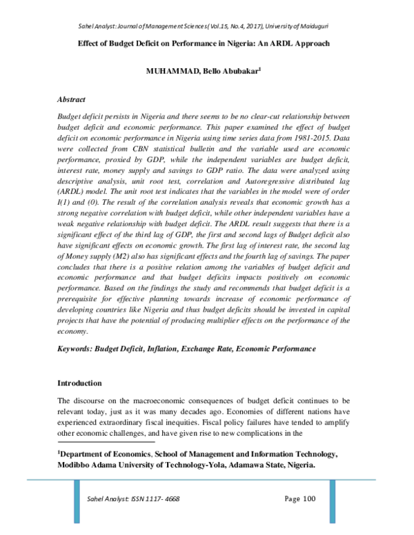 (PDF) Effect of Budget Deficit on Performance in Nigeria: An ARDL Approach