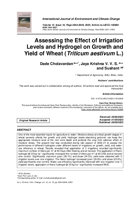 (PDF) Assessing the Effect of Irrigation Levels and Hydrogel on Growth ...