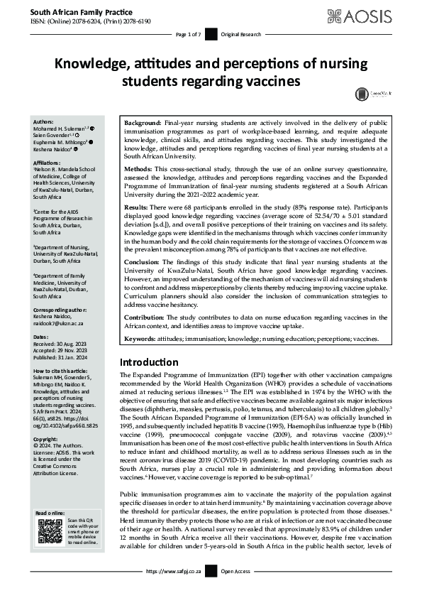 (PDF) Knowledge, attitudes and perceptions of nursing students ...