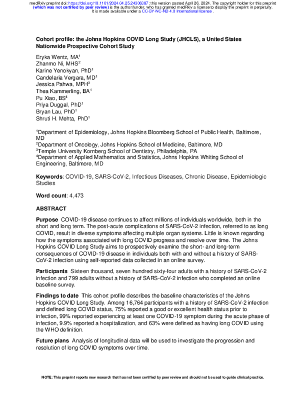 (PDF) Cohort profile: the Johns Hopkins COVID Long Study (JHCLS), a ...