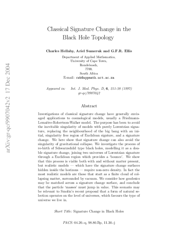 (PDF) Classical Signature Change in the Black Hole Topology