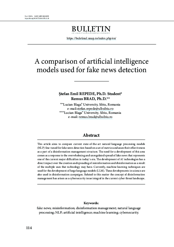 (PDF) A comparison of artificial intelligence models used for fake news ...